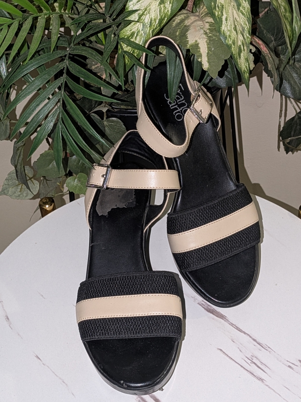 Franco Sarto Black and Beige Wedge Sandals with Ankle Strap - Picture 5 of 10
